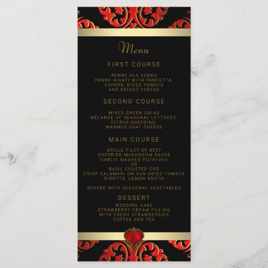 Rood Zwart en Goud Bruiloft Menu (Voorkant)