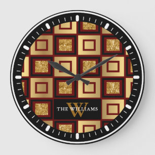 Rood, zwart en goud dambord patroon monogram grote klok