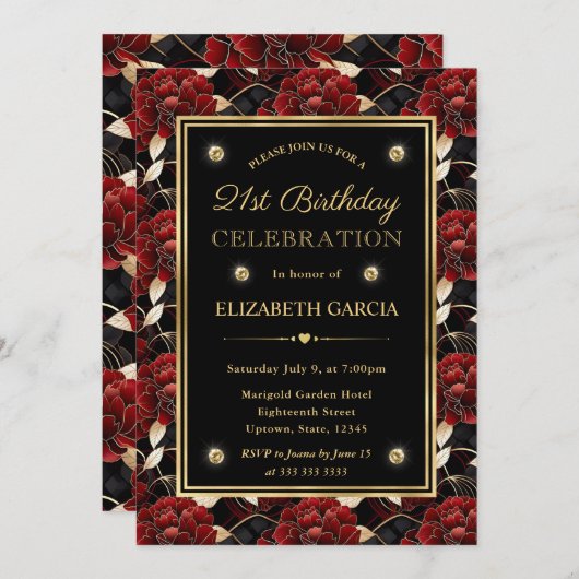 Rood Zwart en Goud Marmer Bloemen 21e Verjaardag Kaart (Voorkant / Achterkant)