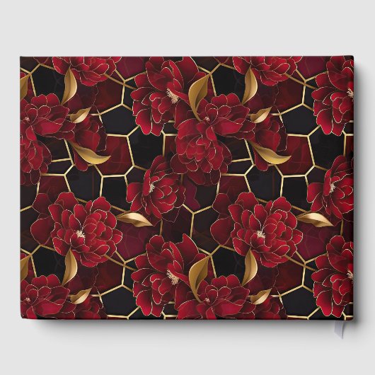 Rood Zwart en Goud Marmer Bloemen Bruiloft Gastenboek (Achterkant)