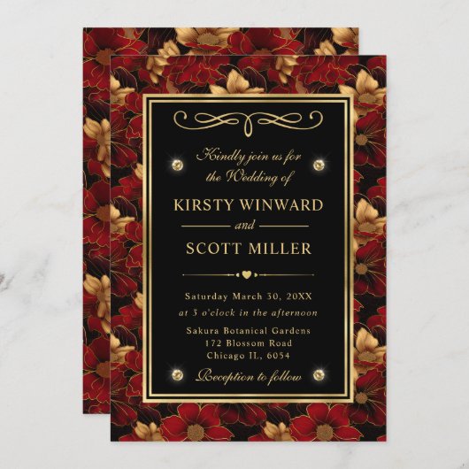 Rood Zwart en Goud Marmer Bloemen Bruiloft Kaart (Voorkant / Achterkant)