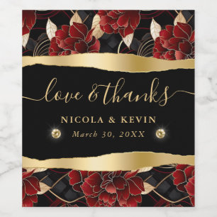 Rood Zwart en Goud Marmer Bloemen Bruiloft Wijn Etiket