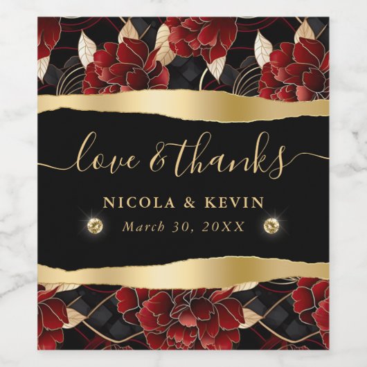 Rood Zwart en Goud Marmer Bloemen Bruiloft Wijn Etiket (Enkel label)