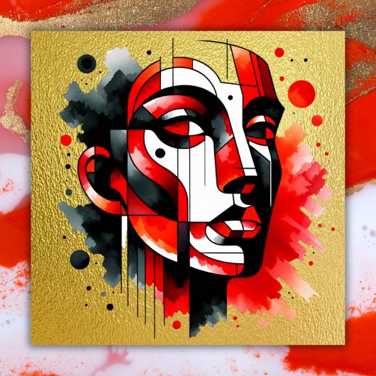 Rood, zwart en wit Abstract Gezicht op goud | Poster
