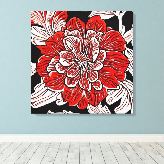 Rood Zwart en Wit Art Nouveau Bloem Canvas Afdruk (Insitu (Houten vloer))