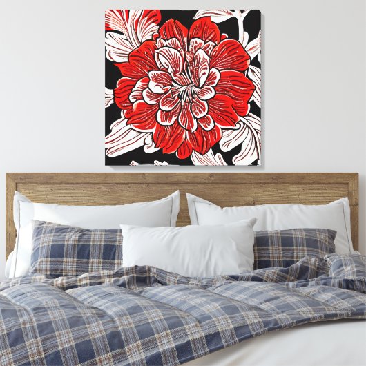 Rood Zwart en Wit Art Nouveau Bloem Canvas Afdruk (Insitu (Slaapkamer))
