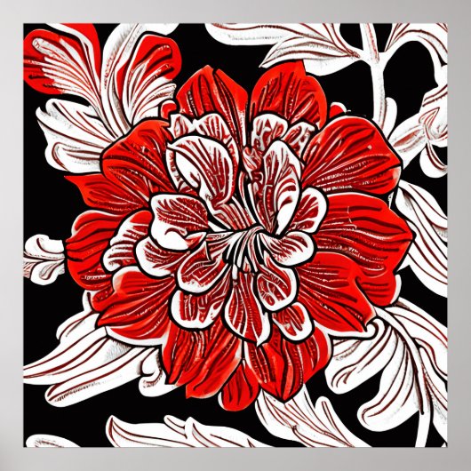 Rood Zwart en Wit Art Nouveau Bloem Poster (Voorkant)