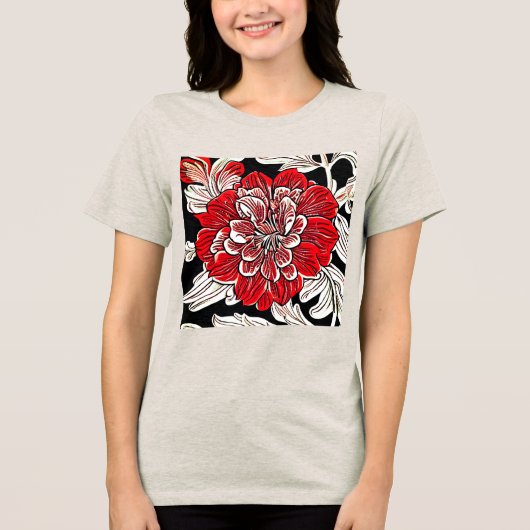 Rood Zwart en Wit Art Nouveau Bloem Tri-Blend Shirt (Voorkant)