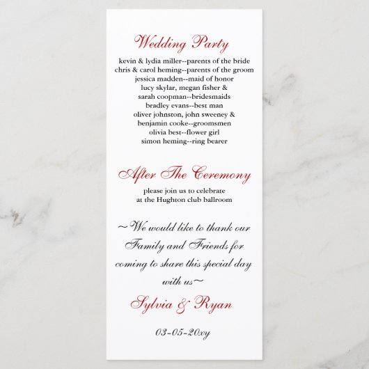 rood, zwart en wit Bruiloftsprogramma Programma (Achterkant)