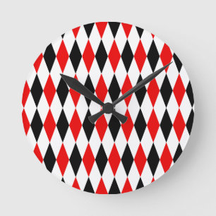 Rood Zwart en Wit Harlekijn Diamanten Patroon Ronde Klok