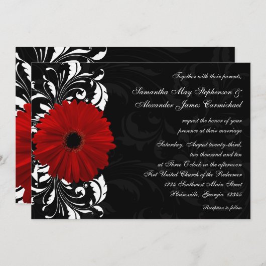 Rood, Zwart en Wit Scroll Gerbera Daisy Bruiloft Kaart (Voorkant / Achterkant)