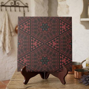 Rood Zwart Gedetailleerd Bloemen Geometrisch Patro Tegeltje