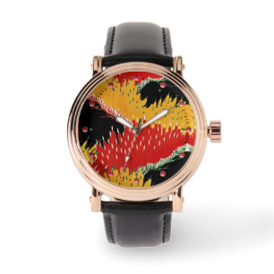 ROOD ZWART GEEL ABSTRACTE JAPANSE BLOEM HORLOGE