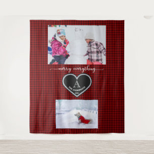 Rood Zwart Geplaagd Kerstcitaat Monogram Foto Wandkleed