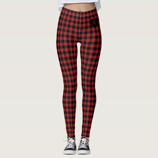 Rood zwart geruit met hart en monogram leggings (Voorkant)