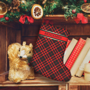 Rood & Zwart Geruit Patroon Naam Modern Persoonlij Kleine Kerstsok