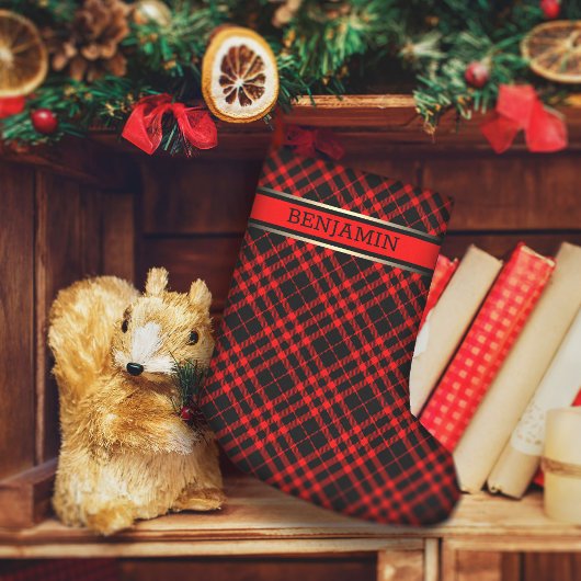 Rood & Zwart Geruit Patroon Naam Modern Persoonlij Kleine Kerstsok