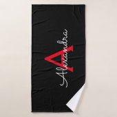 Rood Zwart Girly Script Monogram Naam Modern Badhanddoek (Badhanddoek)