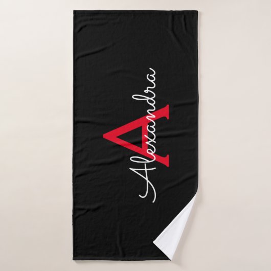 Rood Zwart Girly Script Monogram Naam Modern Badhanddoek (Badhanddoek)