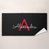 Rood Zwart Girly Script Monogram Naam Modern Badhanddoek (Badhanddoek)