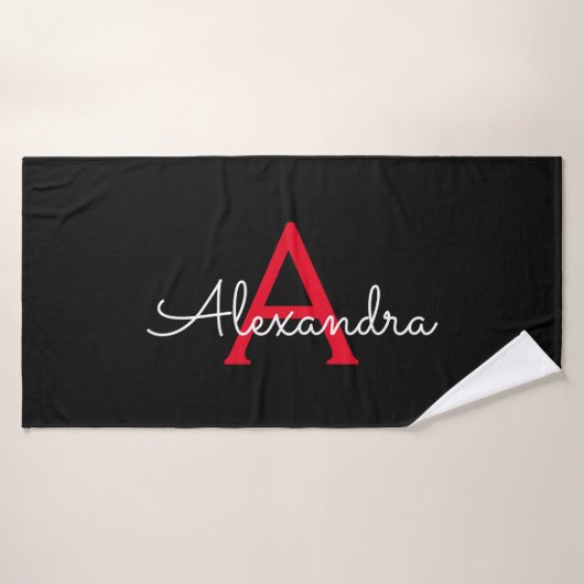 Rood Zwart Girly Script Monogram Naam Modern Badhanddoek (Badhanddoek)