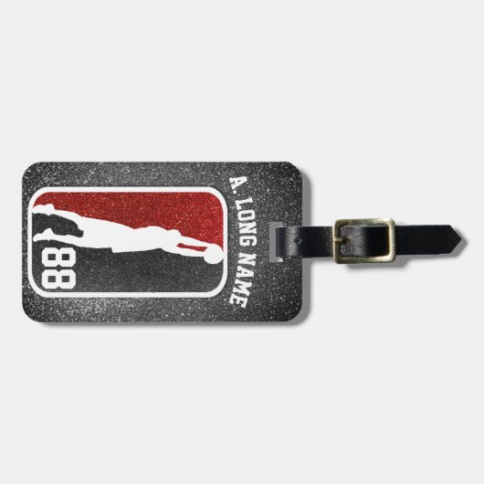 Rood & Zwart Glitter Hoops Basketbalspeler Bagagelabel (Voorkant horizontaal)