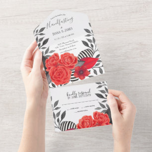 Rood & Zwart Gotische Bloemen Handvasten All In One Uitnodiging