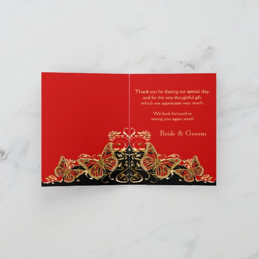 Rood zwart goud bruiloft verloving bedankkaart (Binnen)