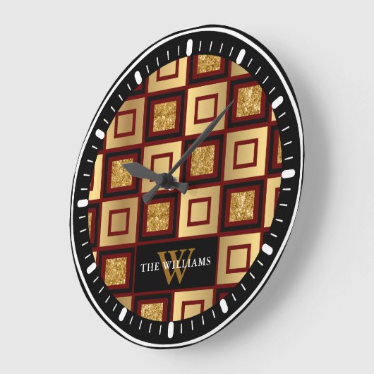 Rood Zwart Goud Checkerboard Monogram Grote Klok (Hoek)