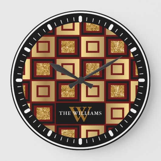 Rood Zwart Goud Checkerboard Monogram Grote Klok (Voorkant)