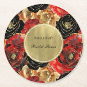 Rood Zwart Goud Glam Bloemige Bruiloft Feest Ronde Kartonnen Onderzetter (Voorkant)