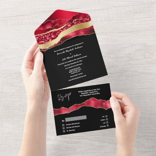 Rood zwart goud marmeren agaat elegant verloving all in one uitnodiging (Afscheurbaar)