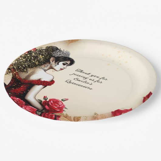 Rood Zwart Goud Rozen Quinceañera Jurk Custom Papieren Bordje (Gekanteld)