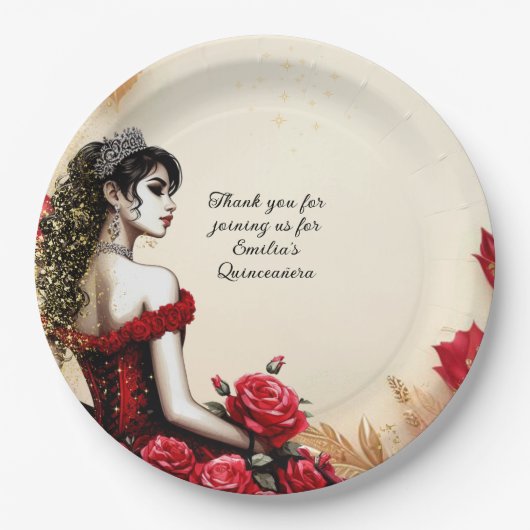 Rood Zwart Goud Rozen Quinceañera Jurk Custom Papieren Bordje (Voorkant)