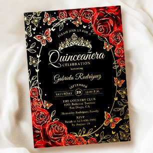 Rood Zwart Goud Vlinders Rozen Quinceanera Folie Uitnodiging