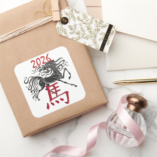 Rood Zwart Jaar van het Paard Vierkante Sticker (Geschenken)