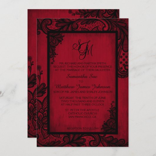 Rood Zwart Kant Gotische Bruiloft Uitnodiging Kaar (Voorkant / Achterkant)