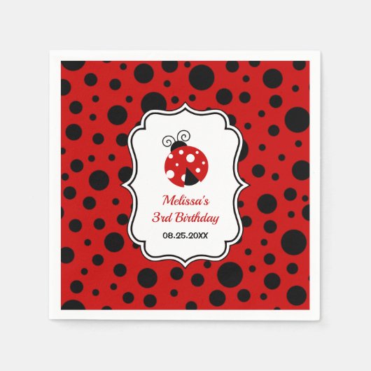 Rood Zwart Ladybug Lijst Polka Dots Kids Verjaarda Servet (Voorkant)