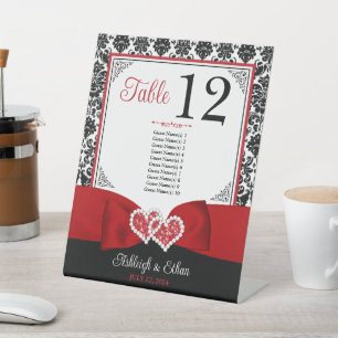 Rood, zwart liefde harten bruiloft tafel nummer reclamebord met voetstuk