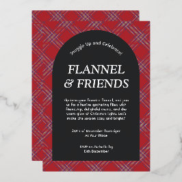 Rood Zwart Modern Flanel en Vrienden Kerstmis Folie Uitnodiging