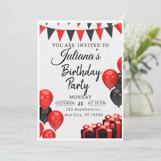 Rood & Zwart Modern Verjaardagsfeestuitnodiging Kaart (Staand voorkant)