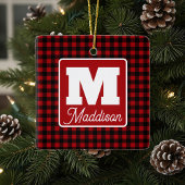 Rood & Zwart Plakken Monogram Naam Kerstmis Keramisch Ornament