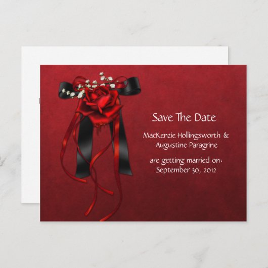Rood & zwart Rozen lint Sla de datum op Aankondigingskaart (Voorkant / Achterkant)