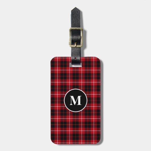 Rood Zwart Tartan Plaid Monogram Bagagelabel (Voorkant verticaal)