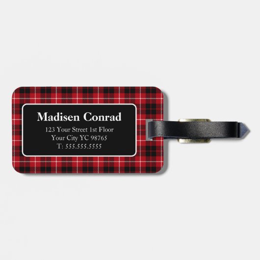Rood Zwart Tartan Plaid Monogram Bagagelabel (Achterkant horizontaal)