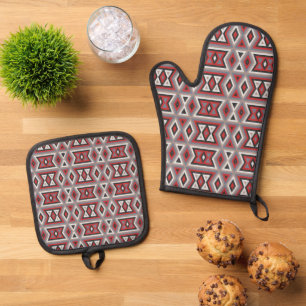 Rood Zwart Taupe Beige Grijs Tribal Art Patroon Ovenwant & Pannenlap Set