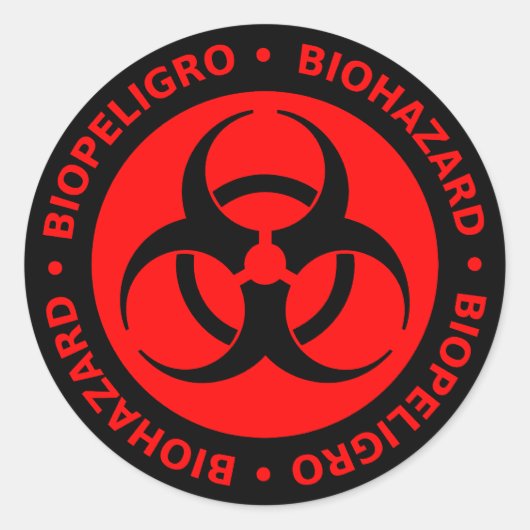 Rood & Zwart Tweetalig Biohazard Symbool Sticker (Voorkant)