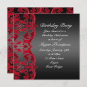 Rood/Zwart Wervelkolk Damast Verjaardag Uitnodigin Kaart (Voorkant / Achterkant)