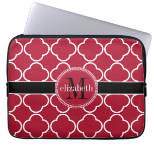 Rood   Zwart   White Quatrefoil Clover Monogram Laptop Sleeve