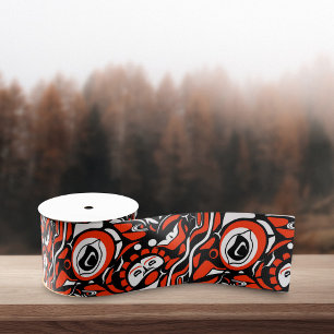Rood Zwart Wit Abstract Haida Gezicht Inheemse Kun Grosgrain Lint
